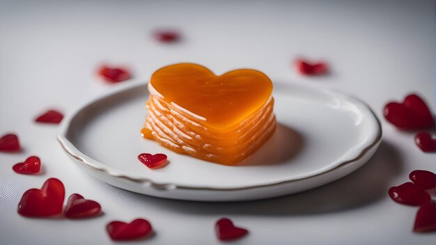 Torta arancione a forma di cuore su un piatto bianco con cuori rossi