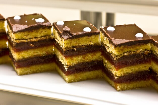 Torta biscotto al cioccolato su un piatto bianco