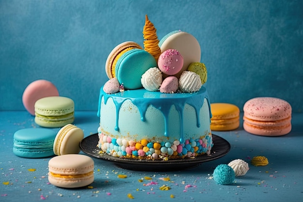 Torta colorata festiva di compleanno decorata con dolci amaretti ai generativi