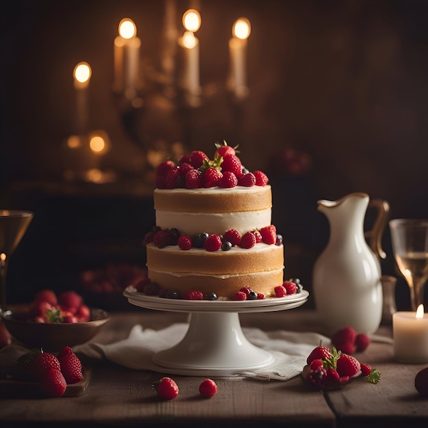 Torta con bacche fresche su un tavolo di legno Focus selettivo