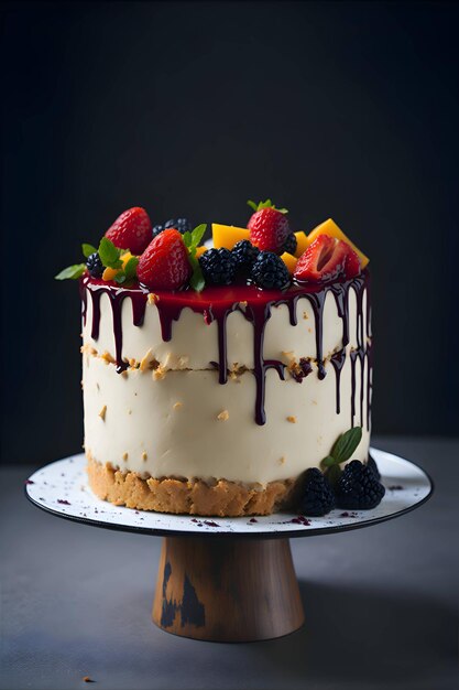 Torta con crema bianca, gocce di cioccolato, melograno, noci e decorazioni di cioccolato