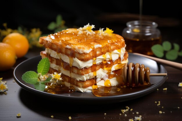 torta con cucchiaio di miele sul piatto posteriore