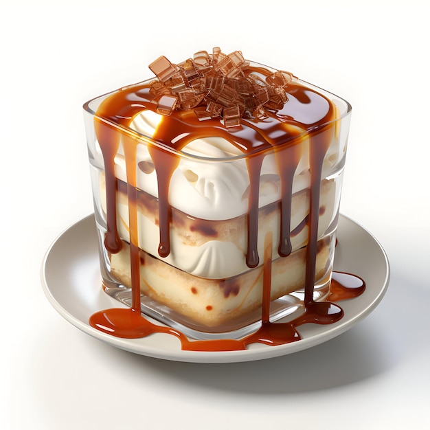 torta con gelato e caramello su uno sfondo bianco illustrazione 3D.