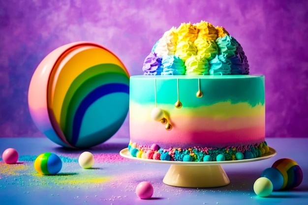 Torta con glassa arcobaleno sul tavolo AI generativa