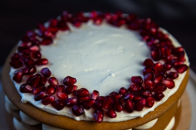 Torta con pan di spagna decorata con crema bianca e chicchi di melograno sopra in un cerchio strati di...