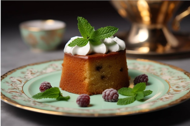 Torta con panna montata e lamponi freschi su un piatto verde