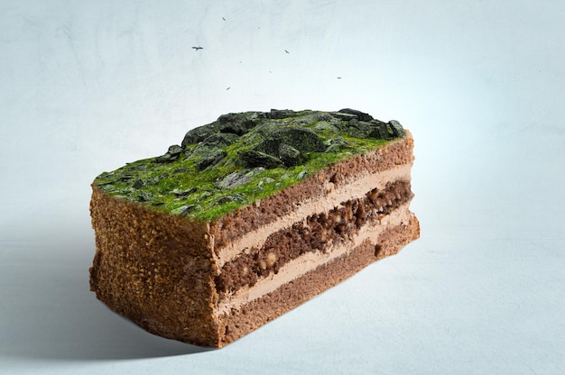 Torta con sopra un paesaggio verde. Tecnica mista