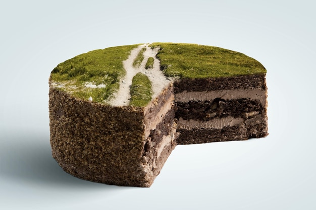 Torta con sopra un paesaggio verde. Tecnica mista