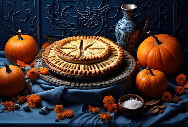 torta con zucche e spezie su sfondo blu