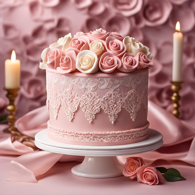 torta da matrimonio con rose rosa e candele su uno sfondo rosa.