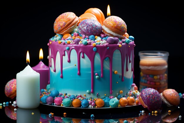 Torta decorata con arafly con candele e confettini su un tavolo ai generativo