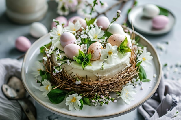 Torta decorata con fiori e uova su un piatto