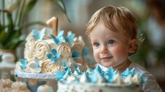 Torta decorata numero uno per il compleanno del bambino su uno sfondo chiaro