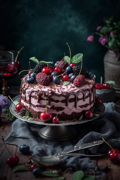 Torta della foresta nera con bacche di ciliegie e crema di cioccolato dessert a ciliegie al cioccolate