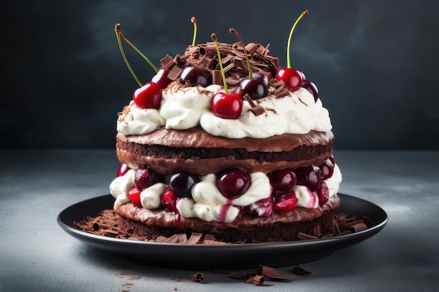 Torta della foresta nera conosciuta come torta Schwarzwald con crema fritta di cioccolato scuro e ciliegie su un co grigio