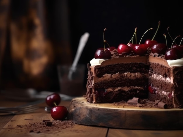 Torta della Foresta Nera Dolce al cioccolato fondente e ciliegie AI generativa