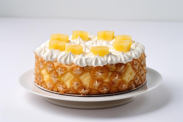 Torta di ananas ricoperta di crema su sfondo bianco