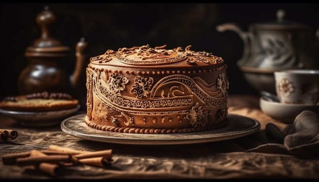 Torta di bacche di cioccolato fatta in casa su piatto di legno rustico generato da AI