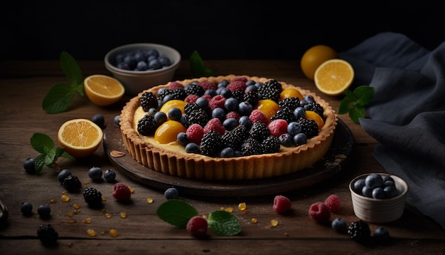 Torta di bacche dolci su un tavolo di legno rustico generato dall'AI