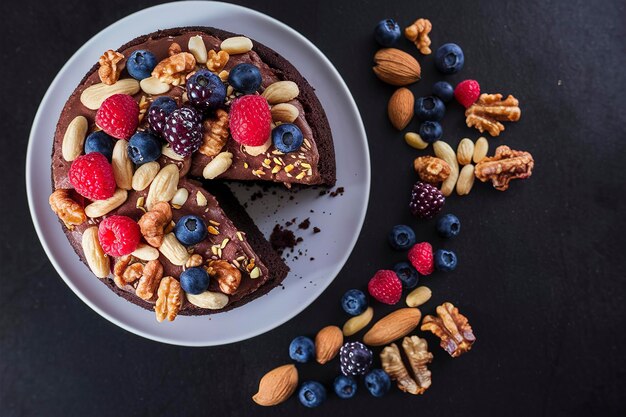 Torta di banane al cioccolato con noci decorate con bacche