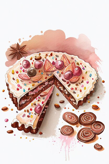 Torta di biscotto al cioccolato dell'acquerello su sfondo bianco AI illustrazione generativa