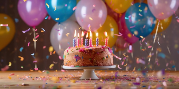 Torta di buon compleanno con palloncini di candele e sfondo di coriandoli IA generativa