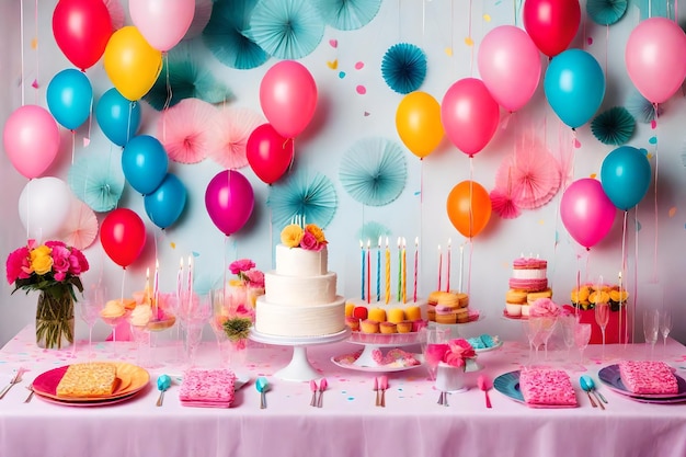 Torta di buon compleanno, palloncini, candele e coriandoli