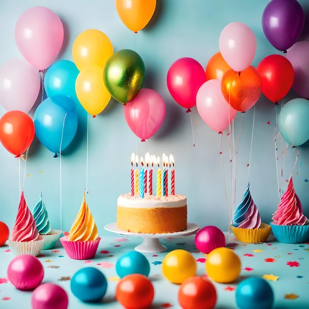 Torta di buon compleanno, palloncini, candele e coriandoli