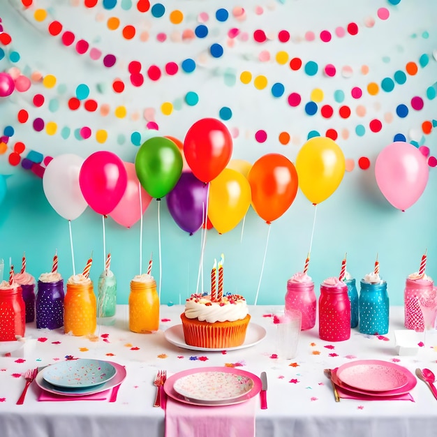 Torta di buon compleanno, palloncini, candele e coriandoli