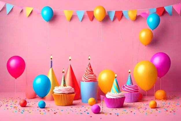 Torta di buon compleanno, palloncini, candele e coriandoli