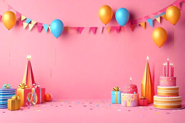 Torta di buon compleanno, palloncini, candele e coriandoli