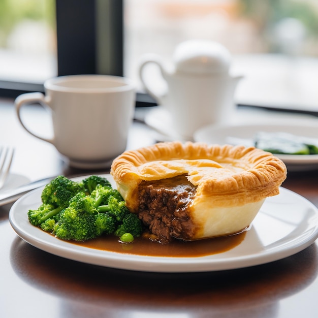 Torta di carne australiana con piselli molli e caffè in un'accogliente caffetteria