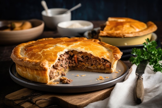 Torta di carne pronta per essere divorata con crosta friabile e ripieno succoso su piatto creato con ai generativo