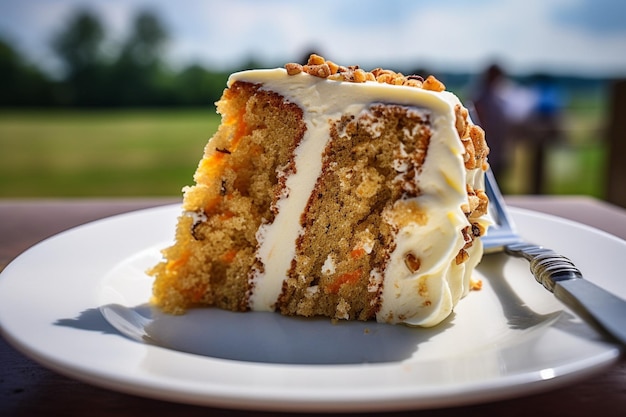 Torta di carota con una fetta che si gode con un bicchiere di champagne