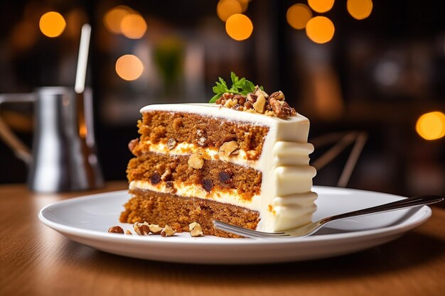 Torta di carota con una fetta che si gode con un bicchiere di champagne