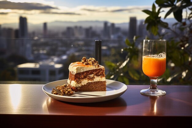 Torta di carota con una fetta che si gode con un bicchiere di champagne