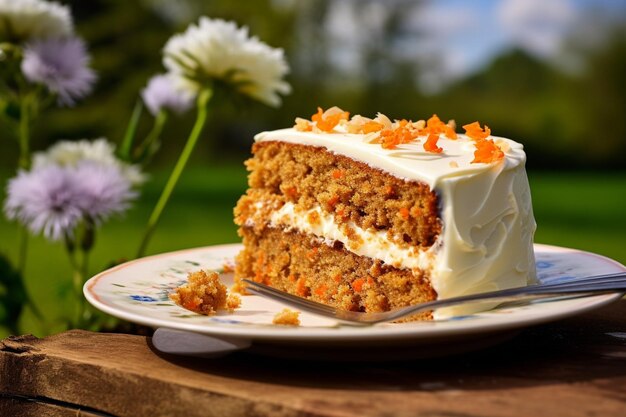 Torta di carota con una fetta che si gode con un bicchiere di champagne