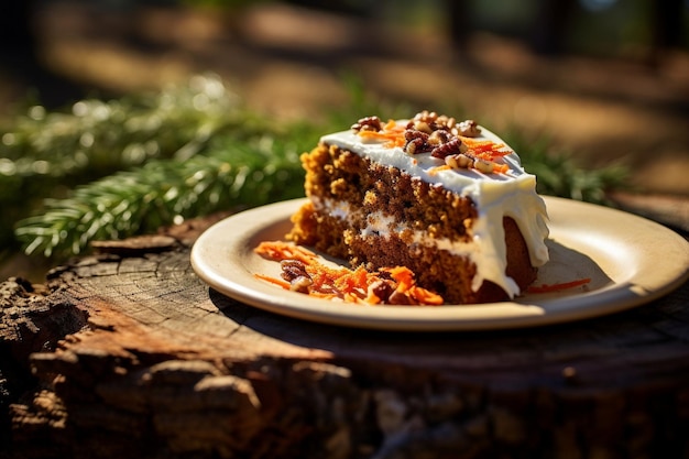 Torta di carota con una fetta che si gode con una tazza di tè caldo