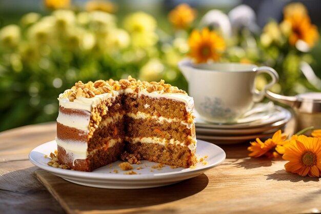 Torta di carota con una fetta che si gode con una tazza di tè caldo