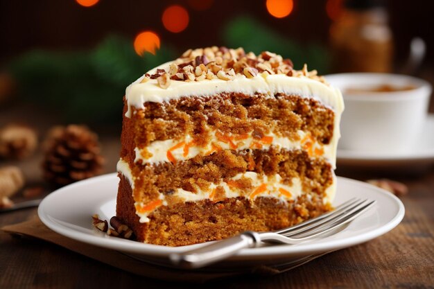 Torta di carota con una fetta che si gode con una tazza di tè caldo