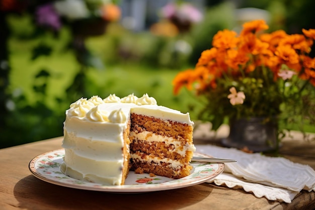 Torta di carota esposta su un carrello di dessert a una festa in giardino