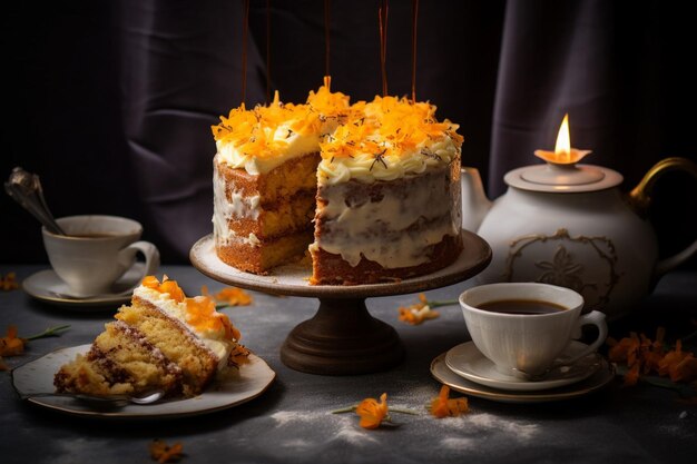 Torta di carote con candele e una tazza di tè su cemento grigio