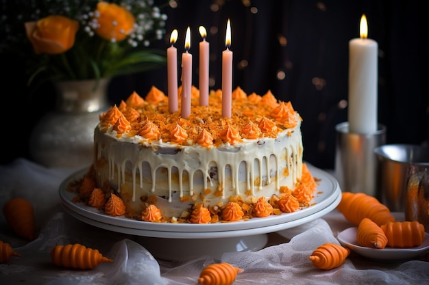 Torta di carote con candele e una tazza di tè su cemento grigio