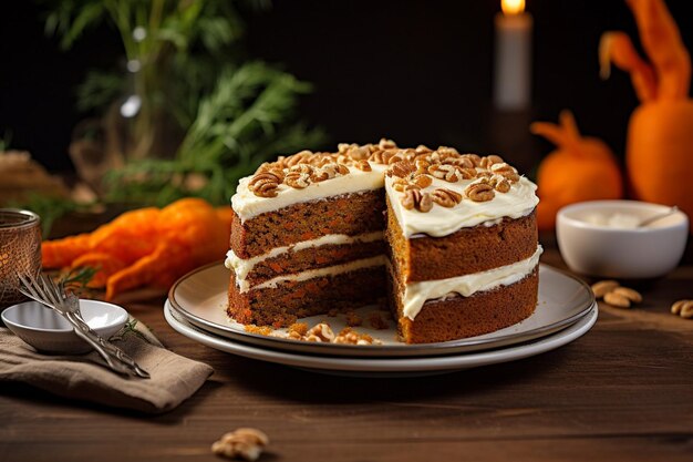 Torta di carote con una fetta rimossa servita con una spruzzatura di noce moscata