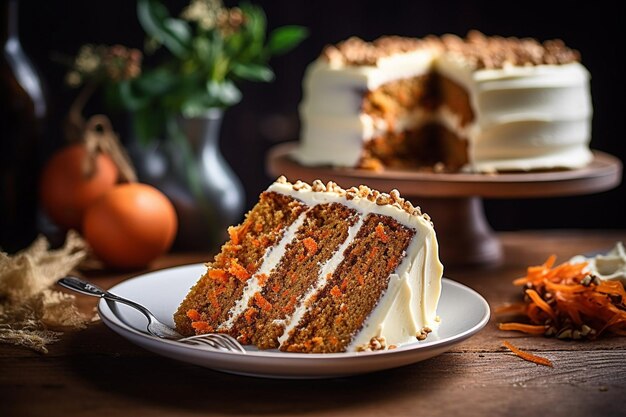 Torta di carote con una fetta rimossa servita con una spruzzatura di noce moscata