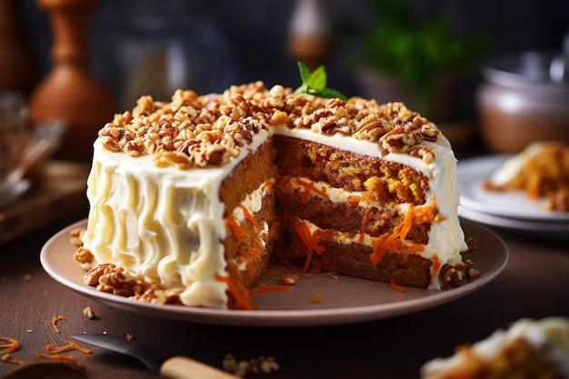 Torta di carote con una fetta rimossa servita con una spruzzatura di noce moscata