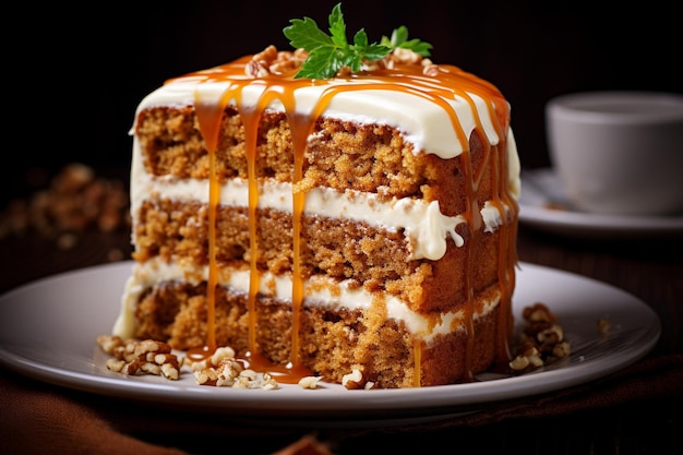 Torta di carote con una fetta rimossa servita con una spruzzatura di noce moscata