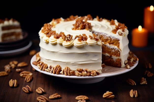 Torta di carote con una fetta rimossa servita con una spruzzatura di noce moscata