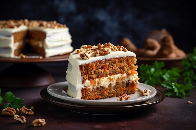 Torta di carote con una fetta tagliata servita su un piatto da dessert rustico