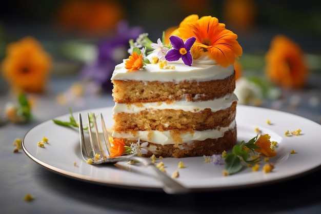 Torta di carote decorata con fiori commestibili